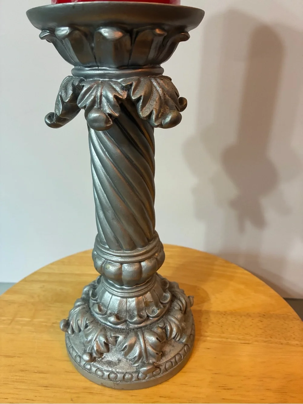 Ornate Silver Resin Candlestick Holder - Classic Column Accent